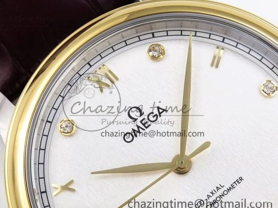 0421 De Ville Date YG MKF 1:1 Best Edition White Textured Dial Diamonds Marker on Brown Leather Strap A WaterResistant 7754